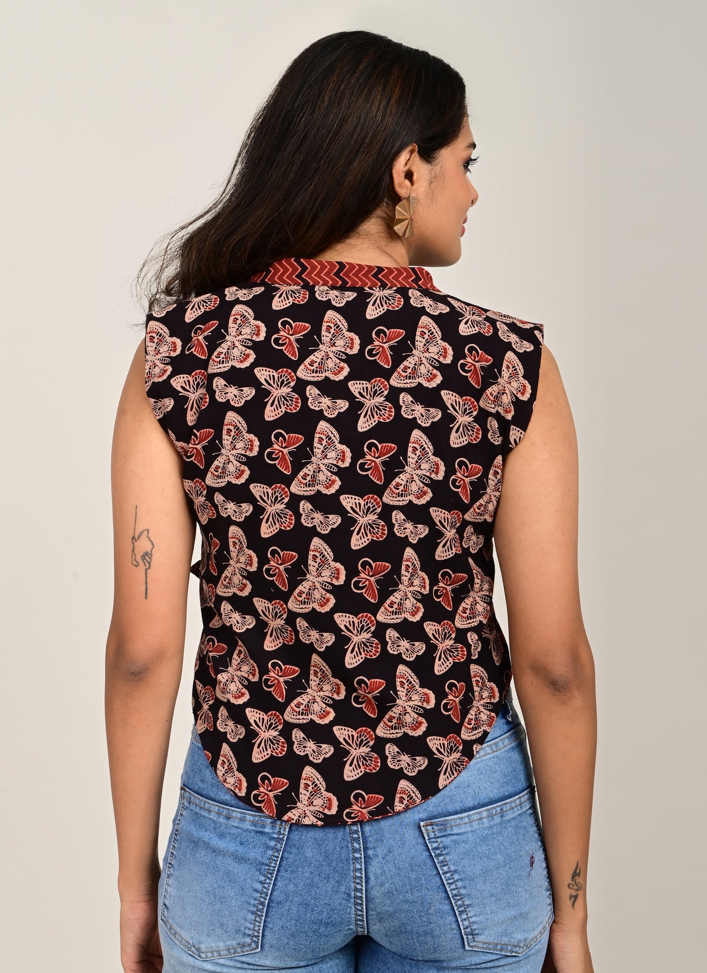 Butterfly Print Asymmetrical Sleeves Top