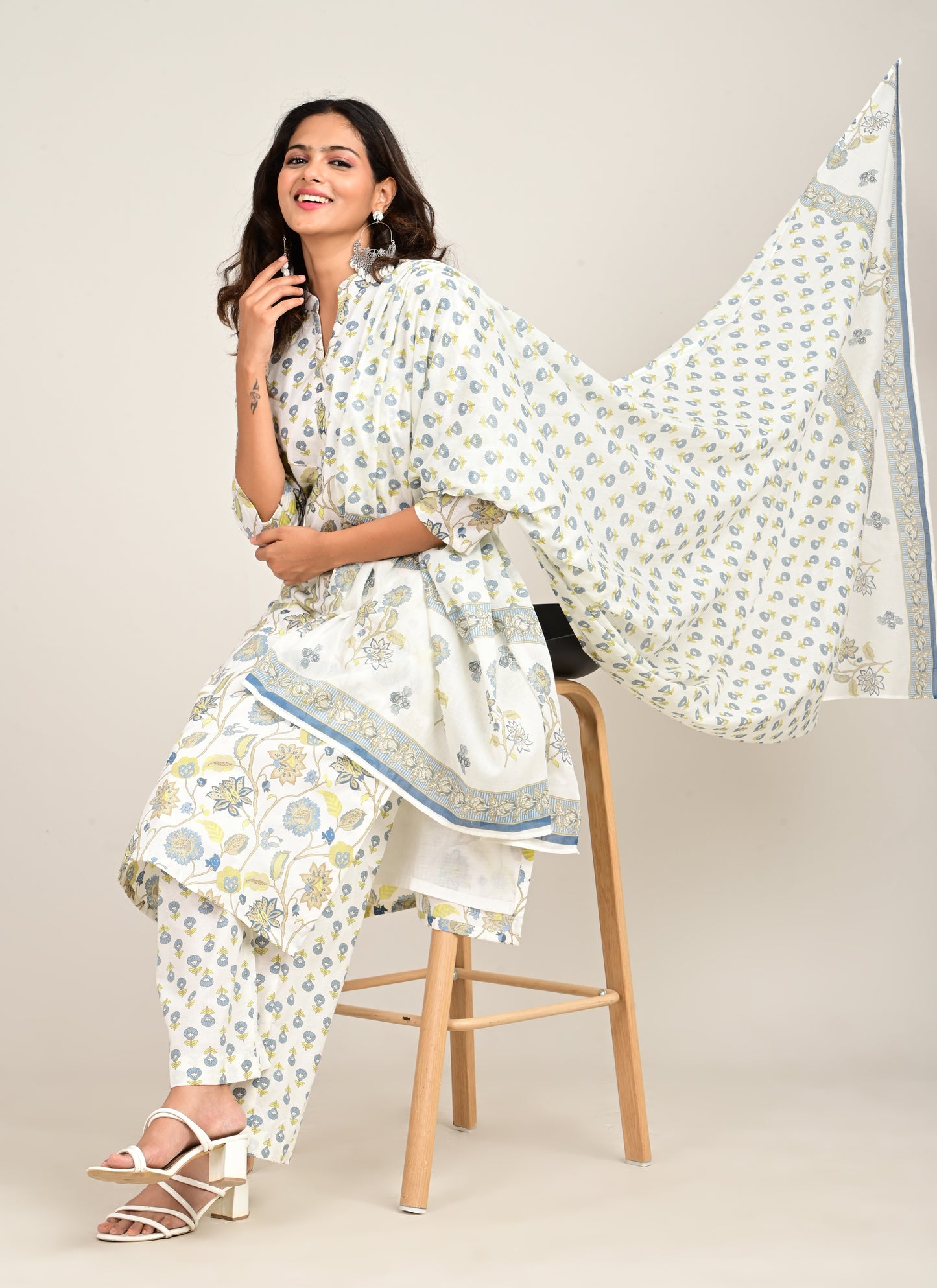 3PCS Set Cotton Floral Print Light Blue