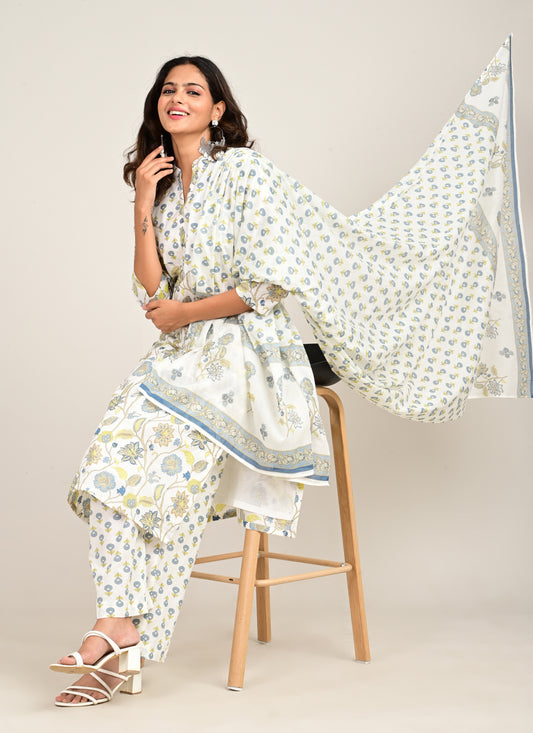 3PCS Set Cotton Floral Print Light Blue