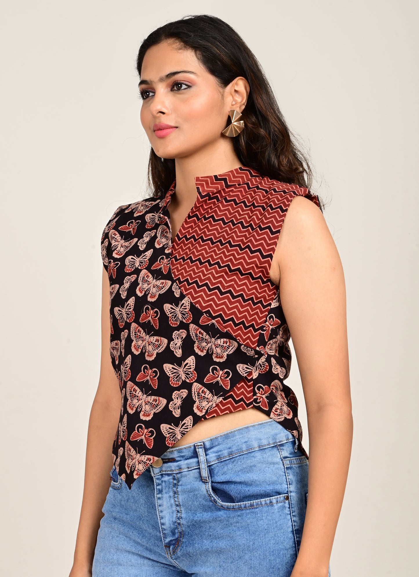 Butterfly Print Asymmetrical Sleeves Top